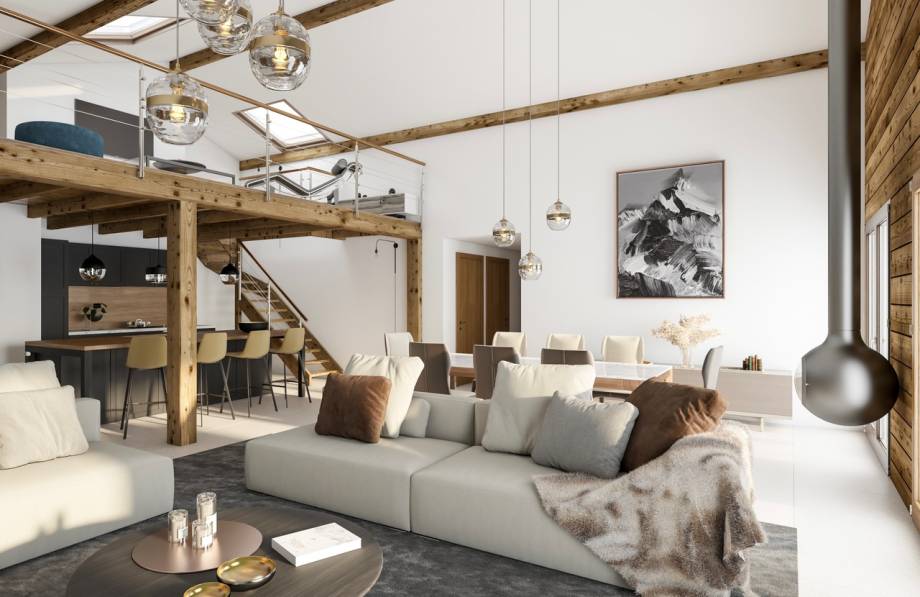 Centre-village piétonnier : vue sur un séjour de la résidence "Le Pratz"